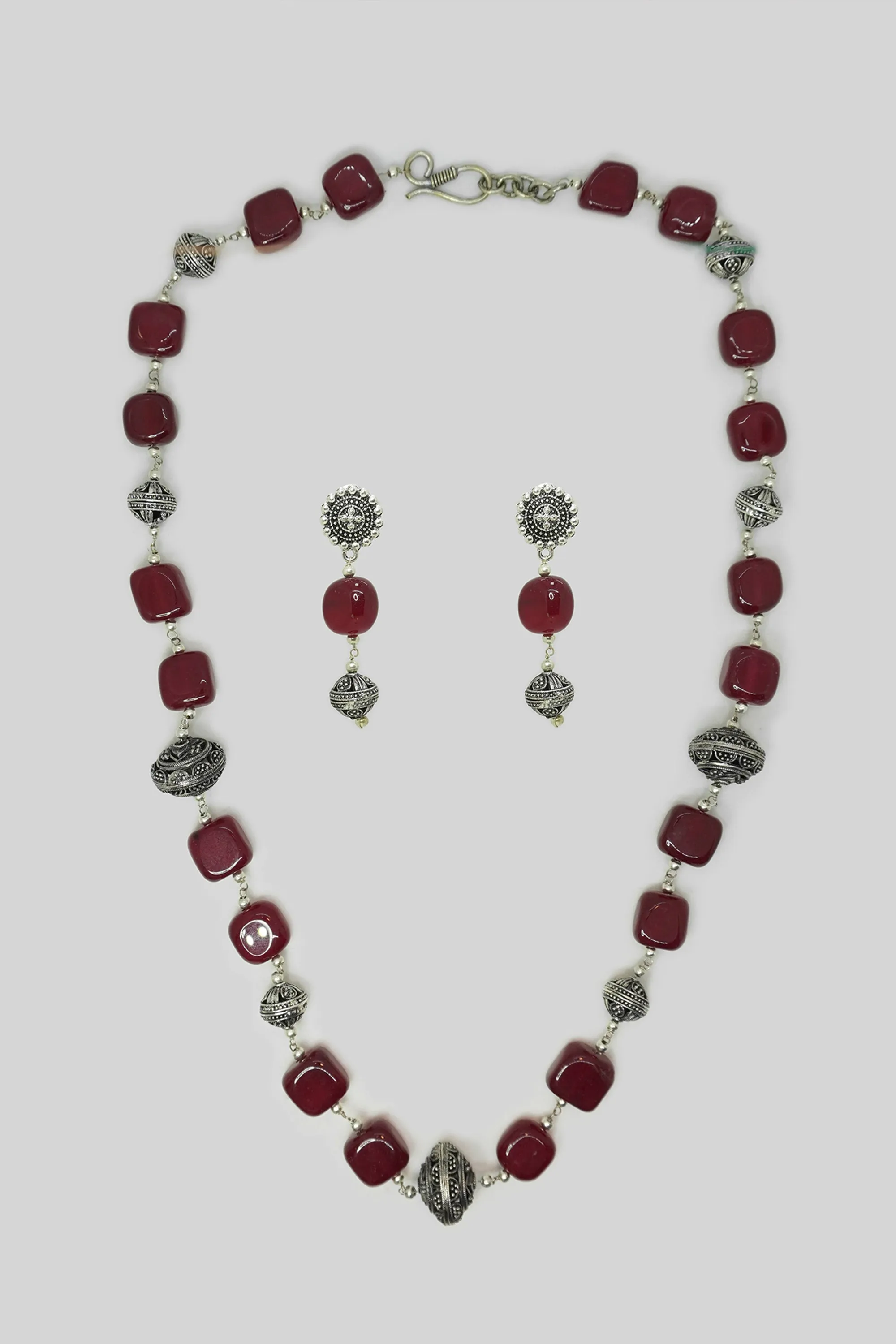 Pink Beads Oxidized Necklace With Earrings