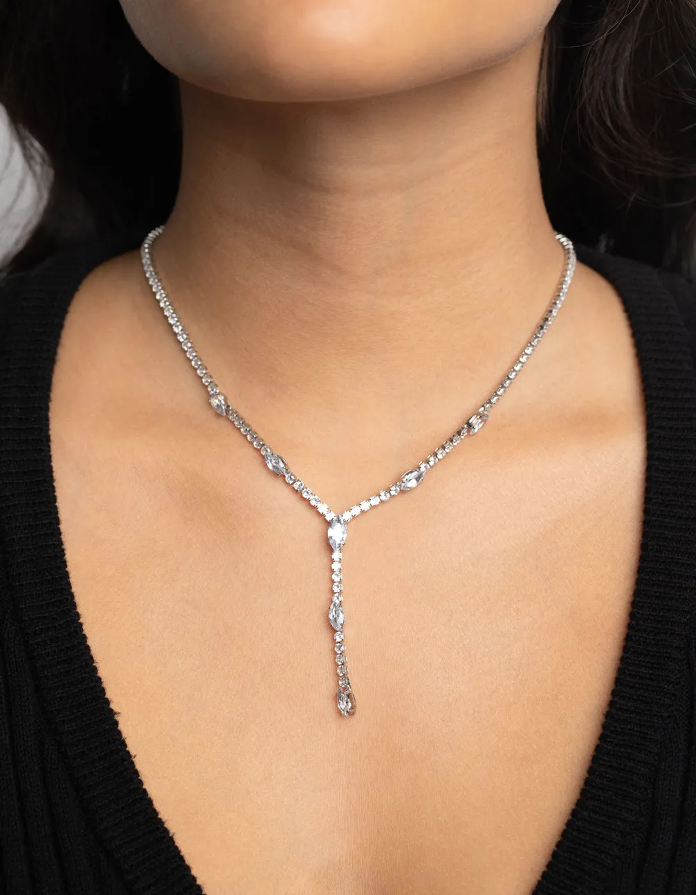Silver Cubic Zirconia Droplet Lariat Necklace