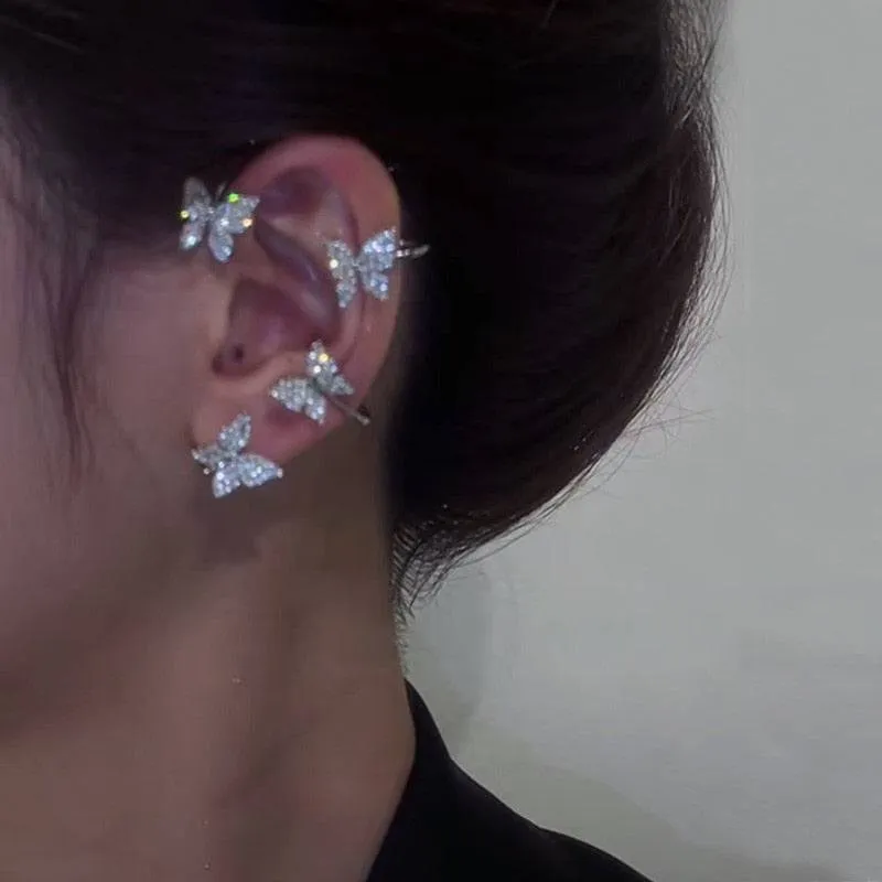 Silver Metal Butterfly Sparkling Zircon Ear Cuff without Piercing For Women