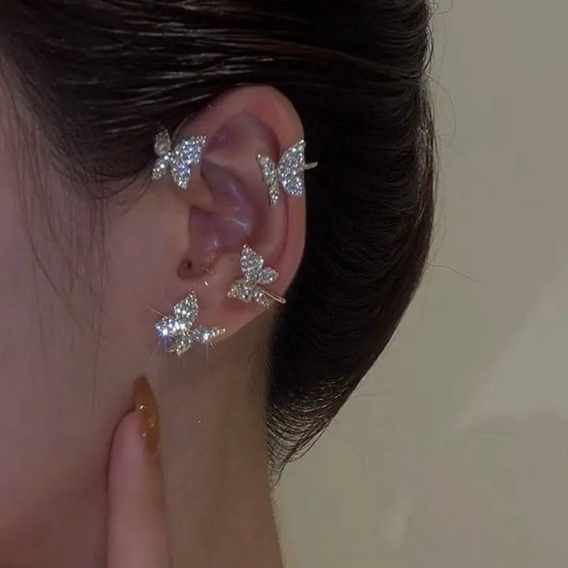 Silver Metal Butterfly Sparkling Zircon Ear Cuff without Piercing For Women