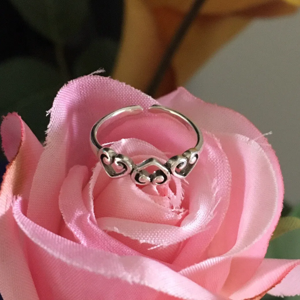 Sterling Silver Three Hearts Toe Ring, Silver Heart Ring