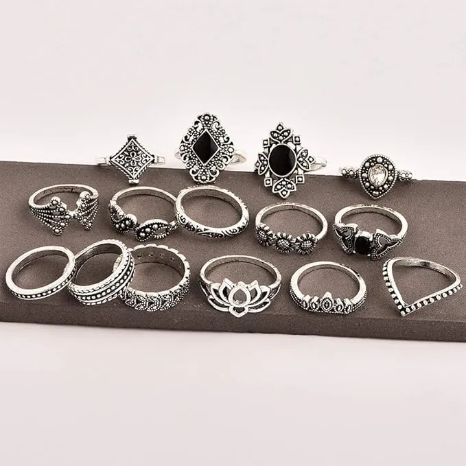 TOPWAYS® Boho Style Vintage Punk including Multi layer Long Necklace and Women Joint Knuckle Retro Ring Set Plated Silver 15PCS