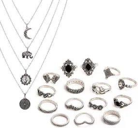 TOPWAYS® Boho Style Vintage Punk including Multi layer Long Necklace and Women Joint Knuckle Retro Ring Set Plated Silver 15PCS