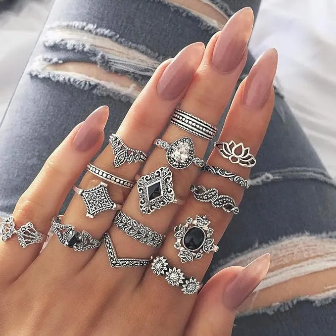 TOPWAYS® Boho Style Vintage Punk including Multi layer Long Necklace and Women Joint Knuckle Retro Ring Set Plated Silver 15PCS