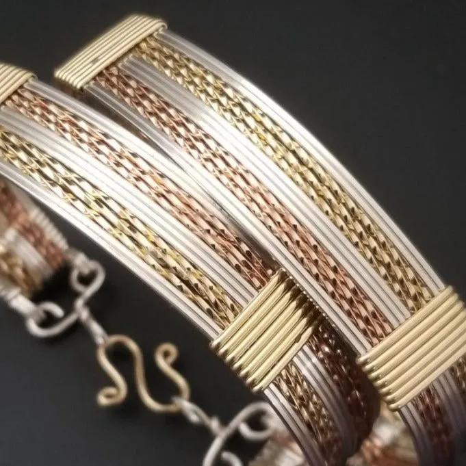 TRIFECTA Wire Wrapped Handcuff Mixed Metals Bracelets {Locking or Traditonal} {Pair}