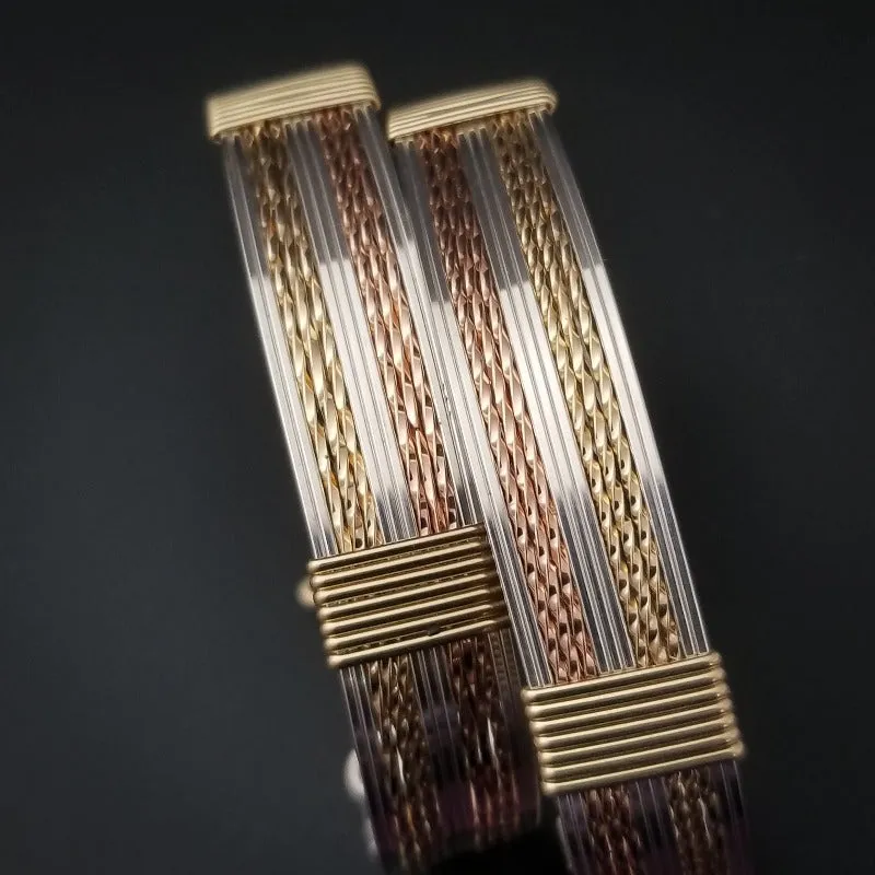 TRIFECTA Wire Wrapped Handcuff Mixed Metals Bracelets {Locking or Traditonal} {Pair}