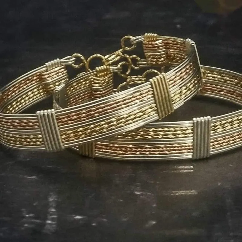 TRIFECTA Wire Wrapped Handcuff Mixed Metals Bracelets {Locking or Traditonal} {Pair}