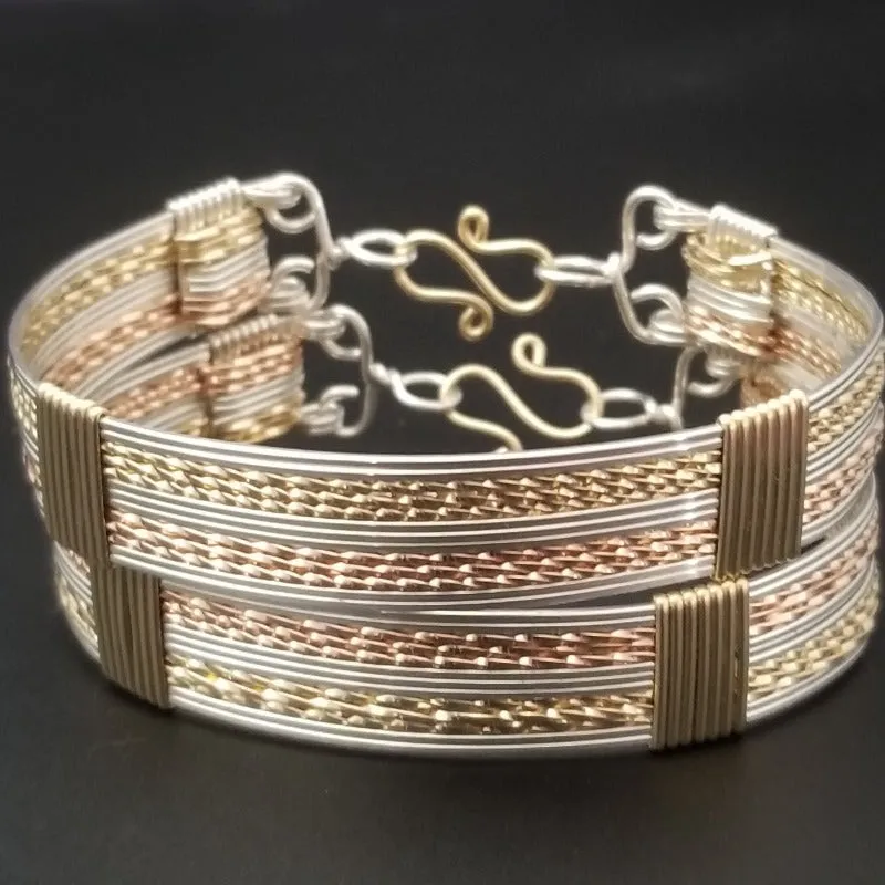 TRIFECTA Wire Wrapped Handcuff Mixed Metals Bracelets {Locking or Traditonal} {Pair}