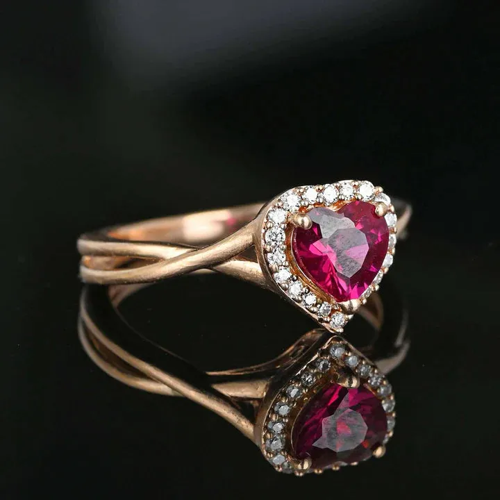 Vintage Heart Cut Ruby Halo Engagement 14k Rose Gold Vermeil