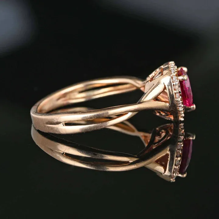 Vintage Heart Cut Ruby Halo Engagement 14k Rose Gold Vermeil